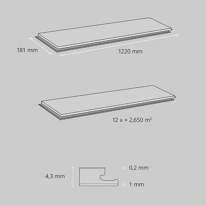 b!design Vinylboden SPC Eiche Fortuna - 1.220 x 181 x 4,3 mm, Landhausdiele - Abbildung von Bodenbelagsdetails mit Maßangaben, inklusive Länge, Breite und Aufbau des Laminats.