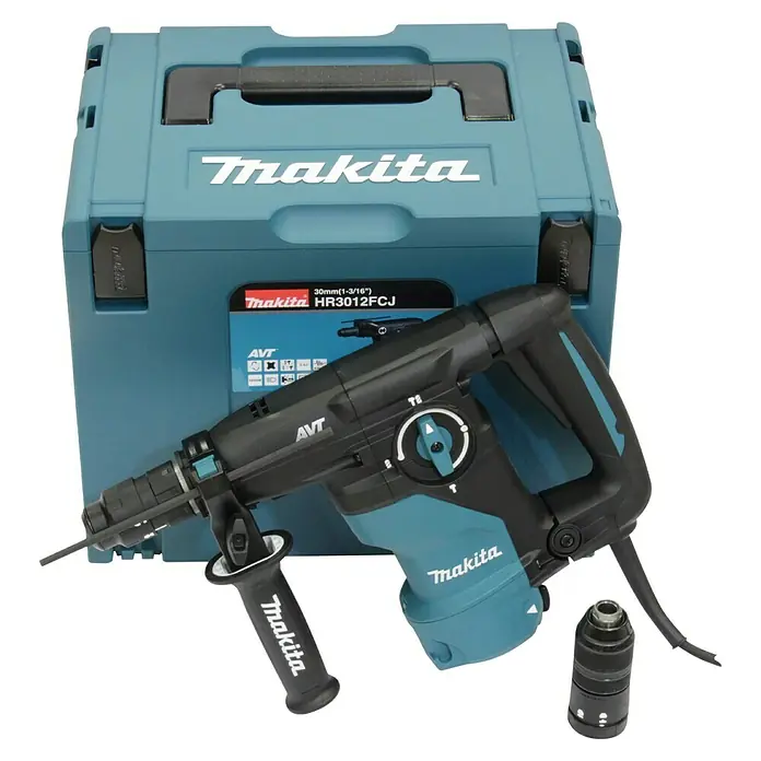 Makita Kombihammer HR3012FCJ - 1.050 W, 3,9 J, SDS-Plus-Aufnahme - Nahaufnahme des Makita HR3012FCJ Bohrhammers mit Zubehör und Transportkoffer. Hochwertiges Werkzeug für Profis.