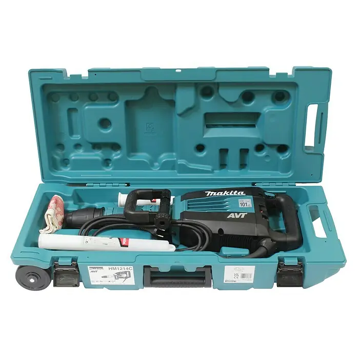 Makita Abbruchhammer HM1214C - 1.510 W, 19,9 J, SDS-Max-Aufnahme - Makita HM1214C Abbruchhammer im Koffer. Das Werkzeug ist sicher und ordentlich verstaut für Transport und Lagerung.