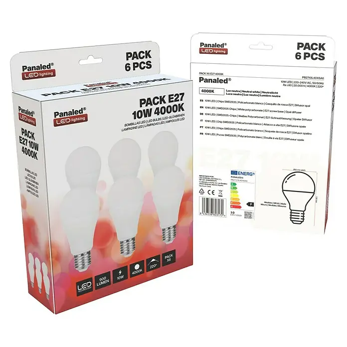 Panaled Set de bombillas LED - 10 W, Blanco neutro, 900 lm, E27, 6 ud. - Pack de 6 bombillas LED Panaled E27 10W 4000K. Perfectas para espacios habitables, de bajo consumo y duraderas.
