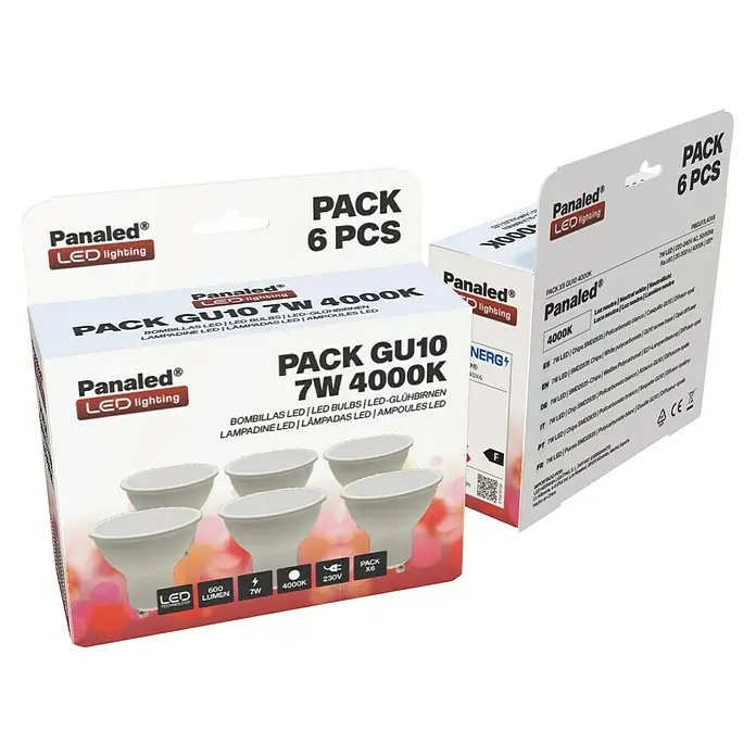 Panaled Set de bombillas LED - 7 W, 600 lm, Blanco neutro, GU10 - Imagen del producto: Bombillas LED Panaled GU10 7W 4000K en paquete de 6, ideales para iluminación interior.