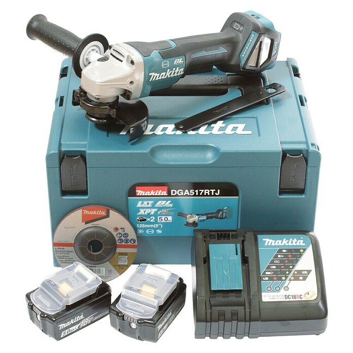 Makita LXT 18V Amoladora angular de batería DGA517 (18 V, 2 baterías, 5 Ah, Diámetro disco: 125 mm) | BAUHAUS