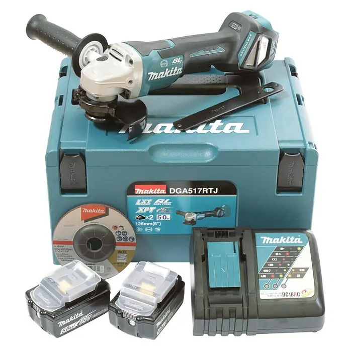 Makita LXT 18V Akku-Winkelschleifer DGA517RTJ - 2 Akkus, 5 Ah, Durchmesser Scheibe: 125 mm - Das Makita DGA517RTJ Set mit Akku-Winkelschleifer, Akkus, Ladegerät und Zubehör im Transportkoffer.
