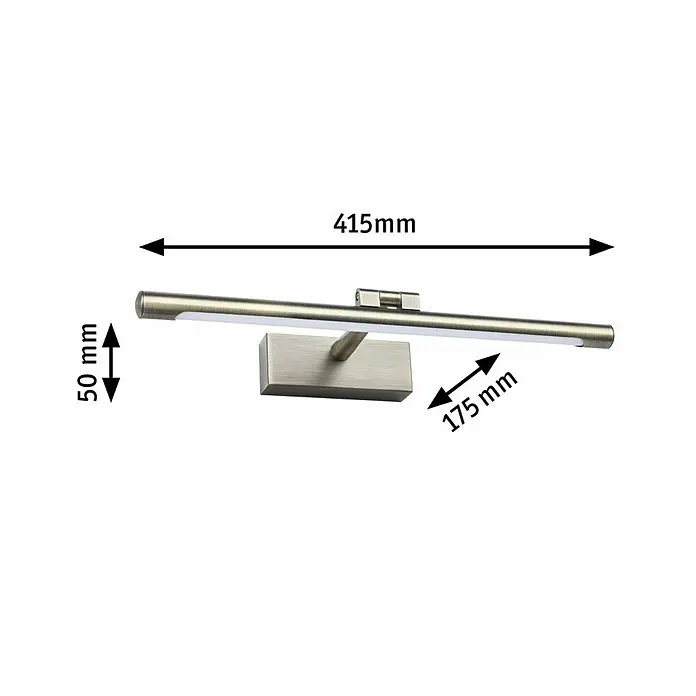 Paulmann LED-Bilderleuchte Mingo - 11 W, L x B x H: 17,5 x 41,5 x 5 cm, Altmessing, Warmweiß - Produktbild einer Badezimmerleuchte in gebürstetem Nickel mit Größenangaben.