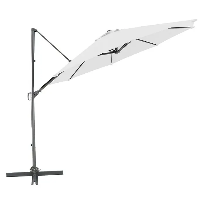 Sunfun Parasol de jardín Florenz - Crudo, Diámetro de cobertura: 300 cm - Un parasol blanco independiente con estructura gris se muestra sobre un fondo blanco.
