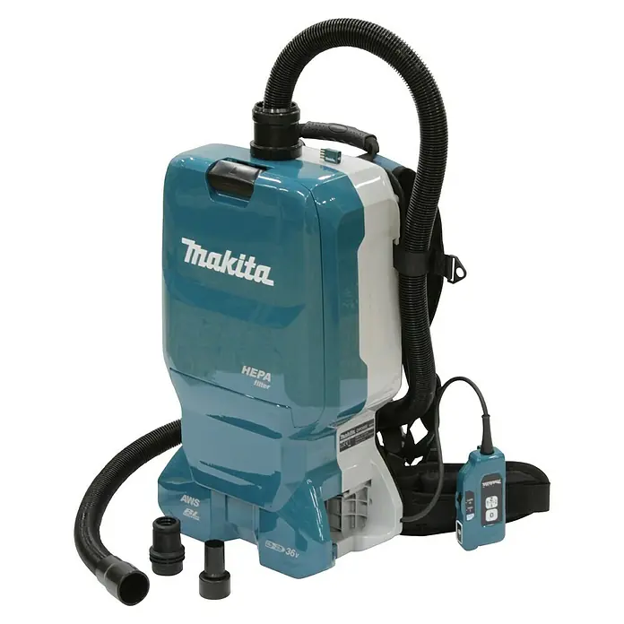 Makita LXT 18V Aspiradora con mochila de batería DVC665ZU - 36 V, Sin batería, Volumen de recipiente: 6 l, Con bolsa - Imagen de una aspiradora de mochila inalámbrica Makita, una solución de limpieza potente y portátil para diversas aplicaciones.