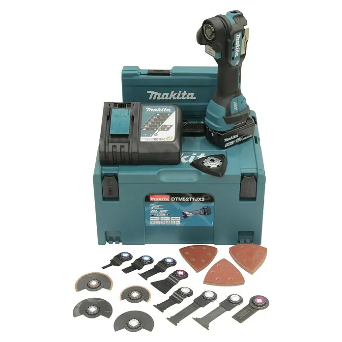 Makita LXT 18V Akku-Multifunktionswerkzeug DTM52T1JX2 - 18 V, 1 Akku - Makita DTM52ZJX2 Akku-Multifunktionswerkzeug Set mit Akku, Ladegerät, Werkzeugkoffer und diversem Zubehör für vielfältige Anwendungen.