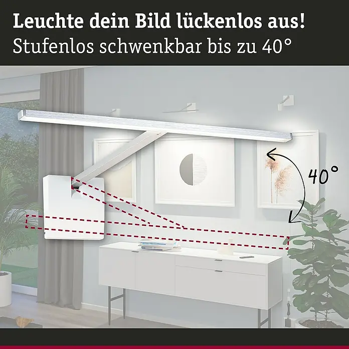 Paulmann LED-Bilderleuchte Xana - 6 W, L x B x H: 27,4 x 35,3 x 8,5 cm, Alu gebürstet, Warmweiß - Die schwenkbare Bilderleuchte sorgt für eine optimale Ausleuchtung Ihrer Bilder. Flexibel einstellbar bis zu 40 Grad.