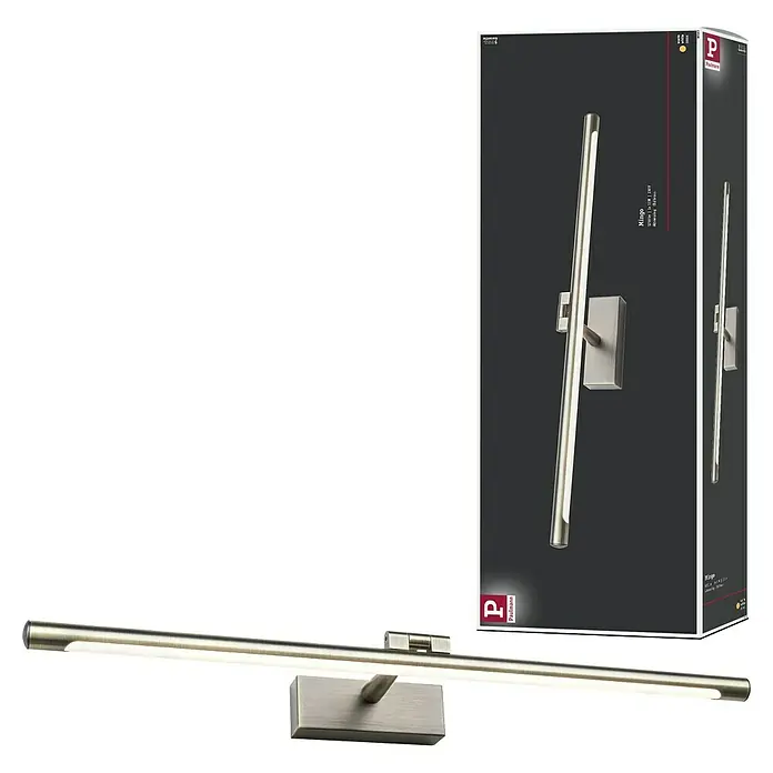 Paulmann LED-Bilderleuchte Mingo - 14 W, L x B x H: 17,5 x 61,5 x 5 cm, Altmessing, Warmweiß - Die Paulmann Mingo LED-Wandleuchte in gebürstetem Nickel erzeugt warmweißes Licht und wird in einer Produktverpackung präsentiert.