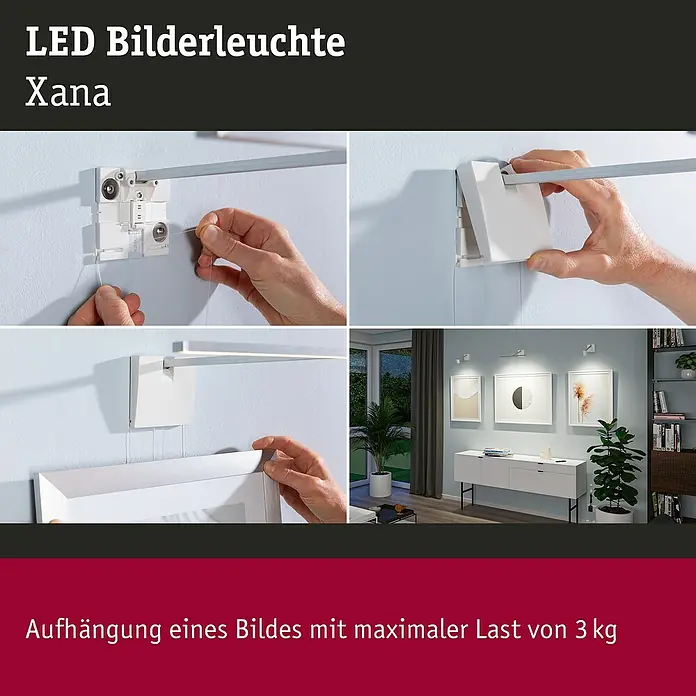 Paulmann LED-Bilderleuchte Xana - 6 W, L x B x H: 27,4 x 35,3 x 8,5 cm, Alu gebürstet, Warmweiß - LED Bilderleuchte Xana: Montage und Anwendung. Flexible Aufhängung von Bildern bis zu 3 kg.