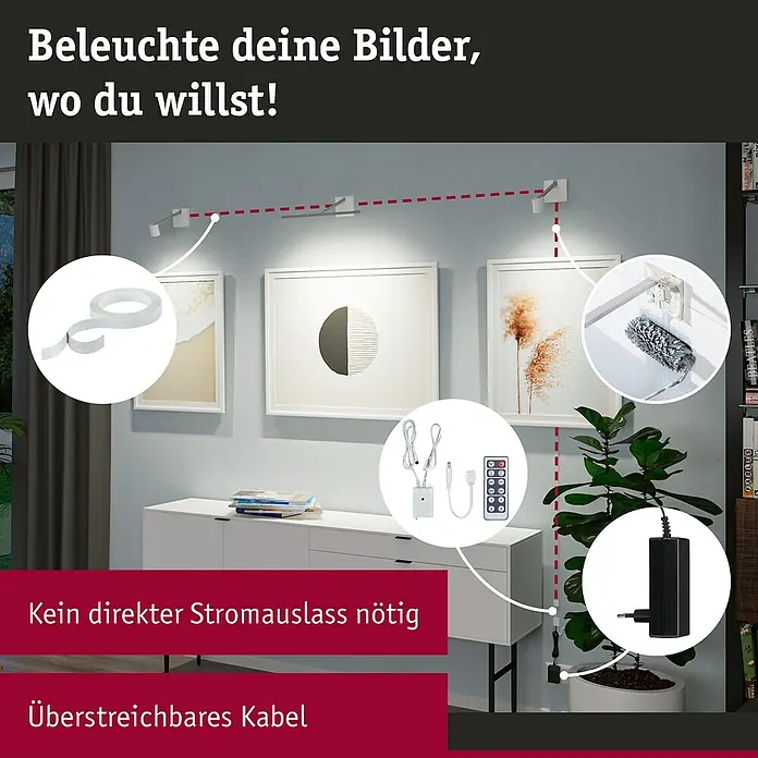 Paulmann LED-Bilderleuchte Set Adelia - 9 W, L x B x H: 28,5 x 8,5 x 8,5 cm, Alu gebürstet, Warmweiß - Bild zeigt eine flexible LED-Leuchte zur Bilderbeleuchtung ohne direkten Stromanschluss, mit überstreichbarem Kabel für individuelle Gestaltung.