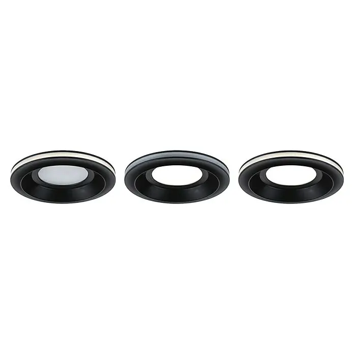 Paulmann Set de focos empotrables Sormus - 19,5 W, Ø x Al: 10 x 3,3 cm, Negro, 3 ud., Blanco cálido - Primer plano de tres luces de techo empotradas con marco negro y fuente de luz blanca.