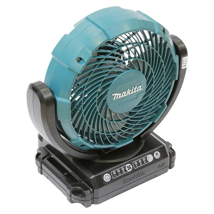 Makita LXT 18V Ventilador de batería DCF102Z - 18 V, Sin batería - Imagen de un ventilador inalámbrico Makita turquesa y negro, perfecto para la construcción.