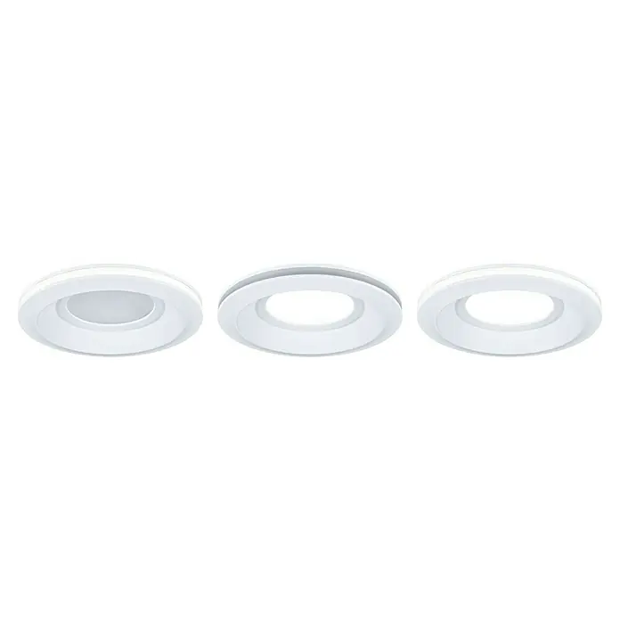 Paulmann Einbauleuchten-Set Sormus - 19,5 W, Ø x H: 10 x 3,3 cm, Weiß, 3 Stk., Warmweiß - Nahaufnahme von drei LED-Einbaustrahlern in Weiß, die ein modernes und minimalistisches Design für die Deckenbeleuchtung zeigen.