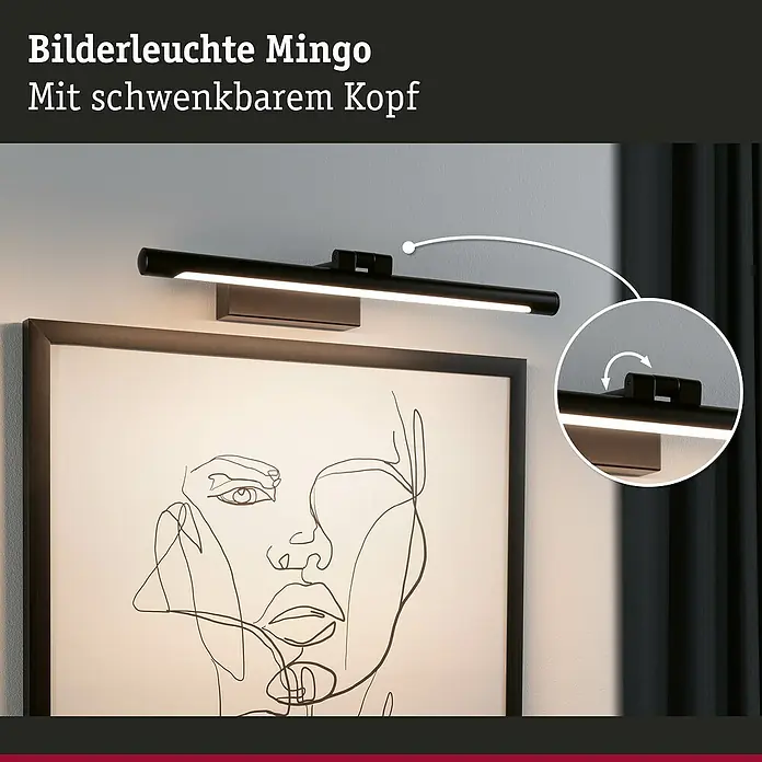 Paulmann LED-Bilderleuchte Mingo - 11 W, L x B x H: 17,5 x 41,5 x 5 cm, Schwarz, Warmweiß - Mingo Bilderleuchte mit schwenkbarem Kopf, ideal zur Akzentuierung von Kunstwerken. Die Leuchte sorgt für eine stimmungsvolle Beleuchtung.