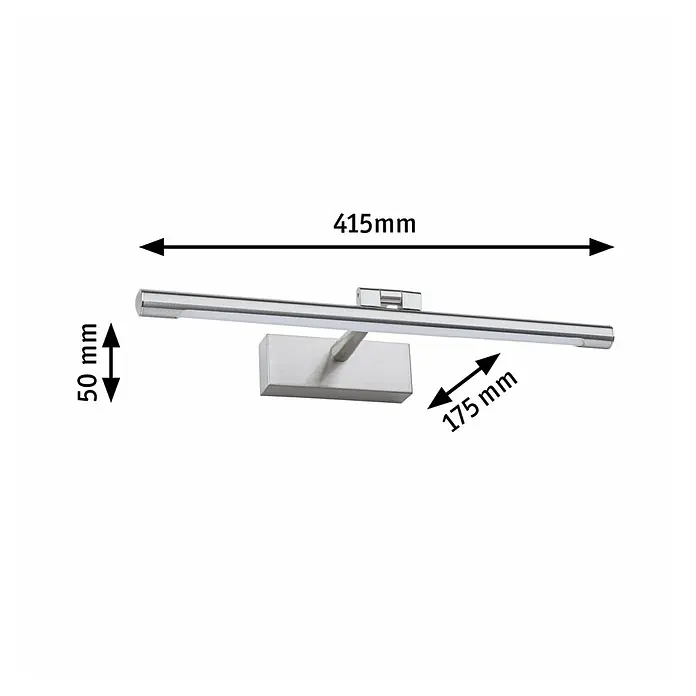 Paulmann LED-Bilderleuchte Mingo - 11 W, L x B x H: 17,5 x 41,5 x 5 cm, Alu gebürstet, Warmweiß - Abbildung einer modernen LED-Badezimmerlampe mit Chromoberfläche und Maßangaben für Länge, Ausladung und Höhe.