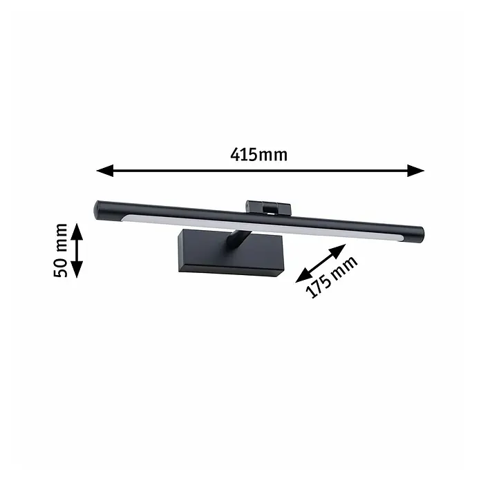 Paulmann LED-Bilderleuchte Mingo - 11 W, L x B x H: 17,5 x 41,5 x 5 cm, Schwarz, Warmweiß - Produktbild einer schwarzen LED-Wandleuchte mit Maßangaben.\n