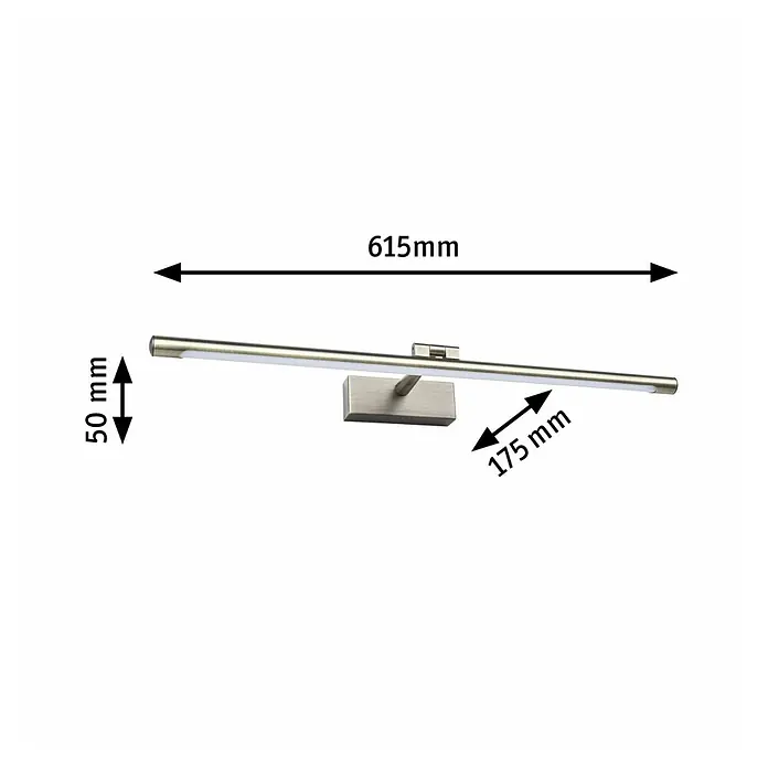 Paulmann LED-Bilderleuchte Mingo - 14 W, L x B x H: 17,5 x 61,5 x 5 cm, Altmessing, Warmweiß - Produktbild einer Wandleuchte mit LED und den Maßen 615mm Breite, 50mm Höhe und 175mm Tiefe.