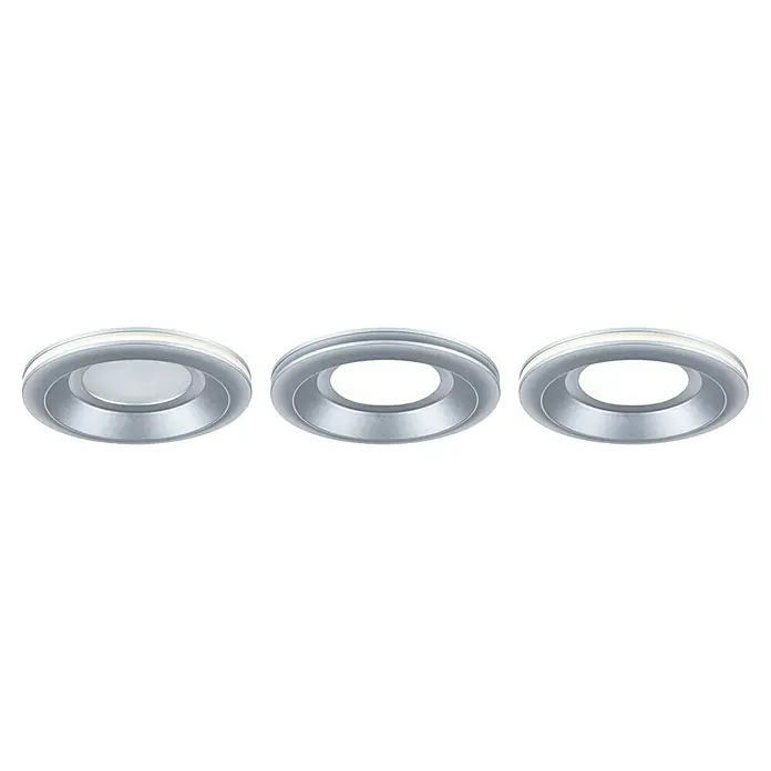 Paulmann Set de focos empotrables Sormus - 19,5 W, Ø x Al: 10 x 3,3 cm, Plata, 3 ud., Blanco cálido - Primer plano de tres focos empotrables LED plateados modernos, que muestran un diseño de iluminación brillante y eficiente para interiores.