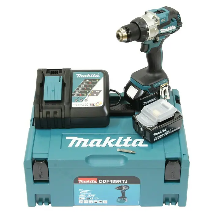 Makita LXT 18V Akku-Bohrschrauber DDF489RTJ - 18 V, 2 Akkus, 73 Nm - Akku-Bohrschrauber DDF489RTJ von Makita mit Akkus, Ladegerät und Bit, verpackt im Werkzeugkoffer. Ideal für Profis und Heimwerker.