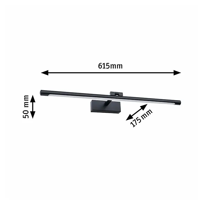 Paulmann LED-Bilderleuchte Mingo - 14 W, L x B x H: 17,5 x 61,5 x 5 cm, Schwarz, Warmweiß - Abbildung einer schwarzen LED-Wandleuchte mit Maßangaben, die ihre Größe und Abmessungen hervorheben.