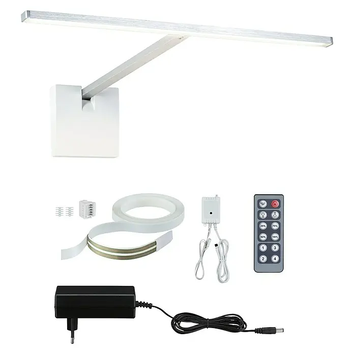 Paulmann LED-Bilderleuchte Set Xana - 9 W, L x B x H: 27,4 x 35,3 x 8,5 cm, Alu gebürstet, Warmweiß - LED-Schreibtischlampe mit Zubehör: Eine moderne Lampe mit Fernbedienung, Klebestreifen und Netzteil für flexible Beleuchtungslösungen.