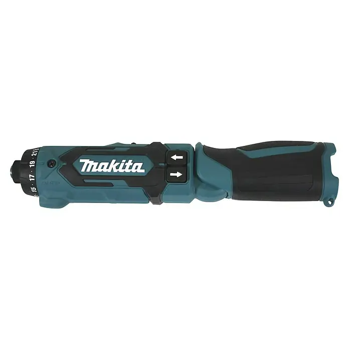 Makita Akku-Knickschrauber DF012DZ - 7,2 V, Ohne Akku, 5,6 Nm - Akkuschrauber von Makita. Das Gerät ist blaugrün und schwarz mit einem Drehmomentbegrenzer und zwei Richtungstasten.