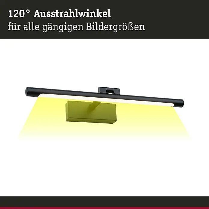 Paulmann LED-Bilderleuchte Mingo - 11 W, L x B x H: 17,5 x 41,5 x 5 cm, Schwarz, Warmweiß - Produktansicht der Bilderleuchte mit 120° Abstrahlwinkel für gängige Bildgrößen. Sorgt für optimale Ausleuchtung Ihrer Kunstwerke.