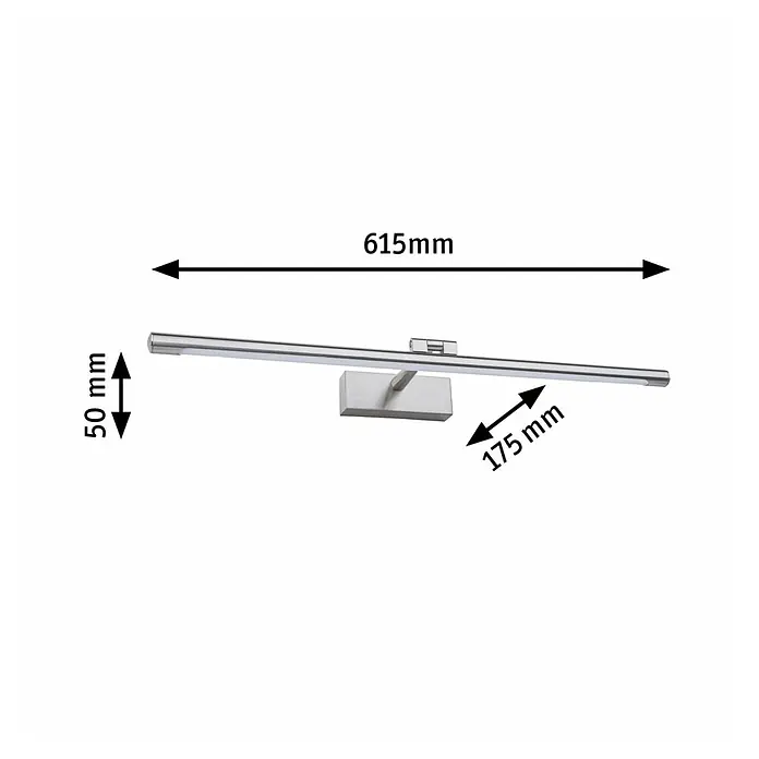 Paulmann LED-Bilderleuchte Mingo - 14 W, L x B x H: 17,5 x 61,5 x 5 cm, Alu gebürstet, Warmweiß - Abbildung einer LED-Wandleuchte aus Metall mit Maßangaben.
