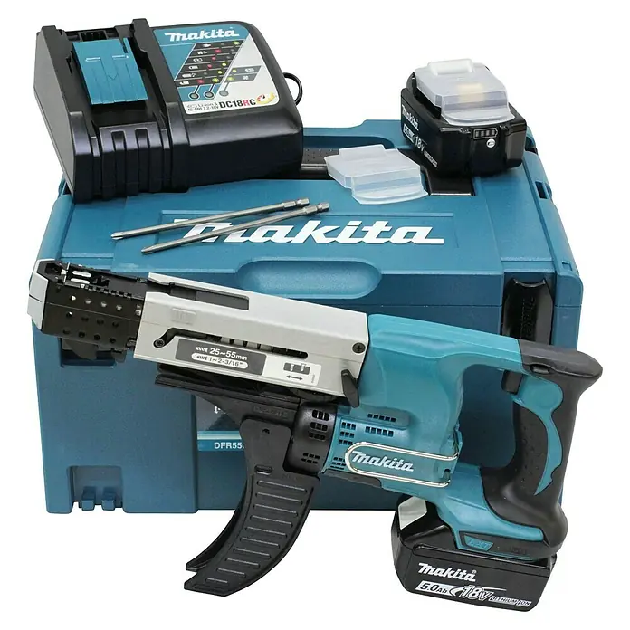 Makita LXT 18V Akku-Trockenbauschrauber mit Magazin DFR550RTJ - 18 V, 2 Akkus, 4.000 U/min, Inkl. Koffer - Akkuschrauber-Set von Makita mit Schrauben, Akku, Ladegerät und Aufbewahrungsbox.