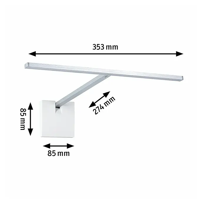 Paulmann LED-Bilderleuchte Xana - 6 W, L x B x H: 27,4 x 35,3 x 8,5 cm, Alu gebürstet, Warmweiß - Abbildung einer minimalistischen LED-Wandleuchte in Silber mit Maßangaben. Die Leuchte zeichnet sich durch ihr schlankes, modernes Design aus.