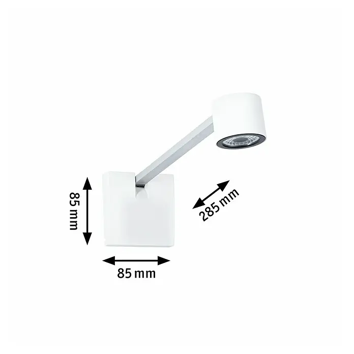 Paulmann LED-Bilderleuchte Adelia - 6 W, L x B x H: 28,5 x 8,5 x 8,5 cm, Alu gebürstet, Warmweiß - Abbildung einer modernen weißen Schreibtischlampe mit Maßen. Diese Lampe ist schlicht und funktional gestaltet.