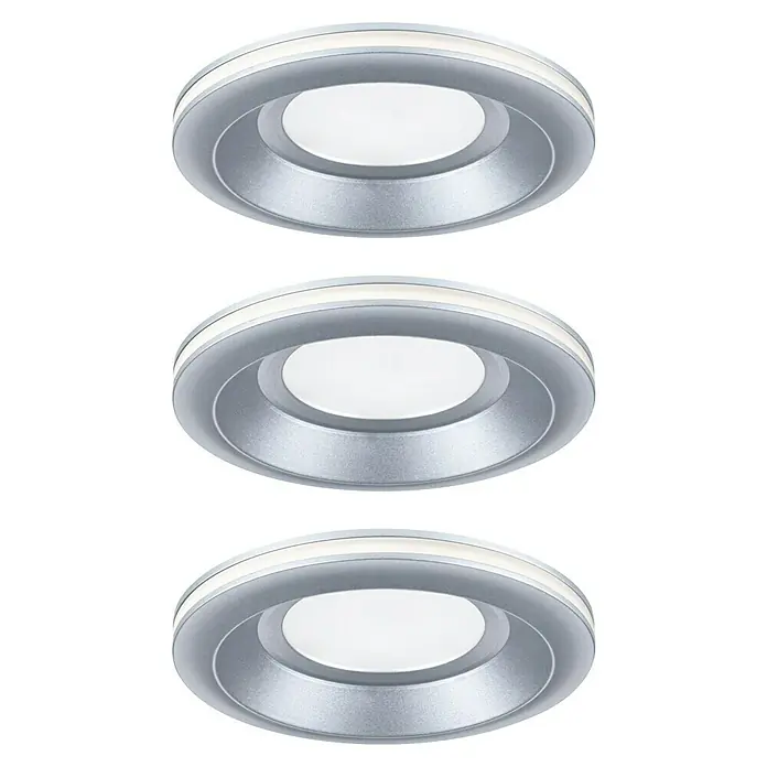 Paulmann Set de focos empotrables Sormus - 19,5 W, Ø x Al: 10 x 3,3 cm, Plata, 3 ud., Blanco cálido - Tres lámparas de techo LED redondas con marcos plateados. Diseño elegante y moderno para una iluminación elegante en cualquier habitación.