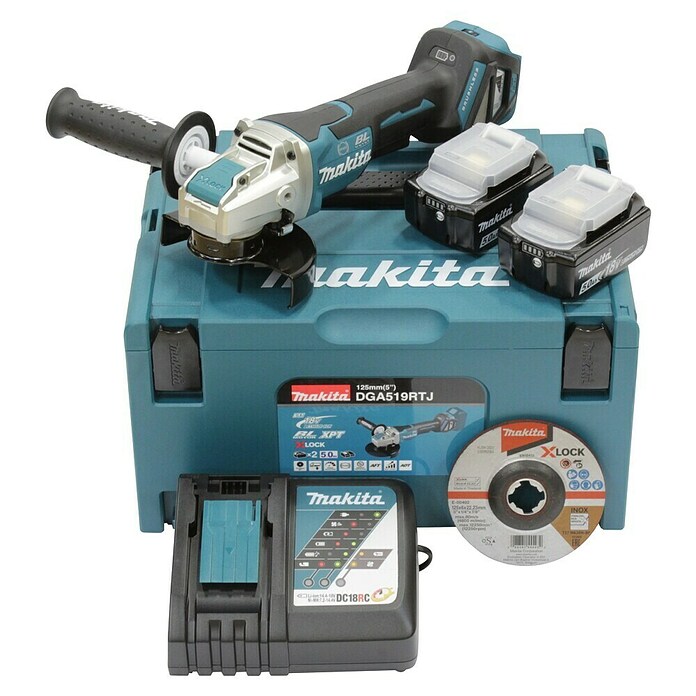 Makita LXT 18V Amoladora angular de batería DGA519RTJ (18 V, 2 baterías, Diámetro disco: 125 mm) | BAUHAUS