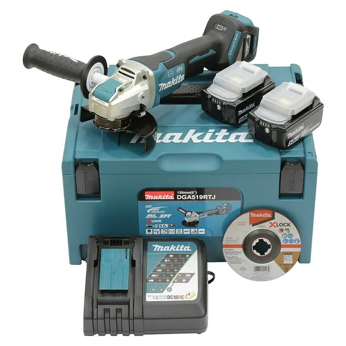 Makita LXT 18V Akku-Winkelschleifer DGA519RTJ - 18 V, 2 Akkus, Durchmesser Scheibe: 125 mm - Akkubetriebener Winkelschleifer Makita DGA519RTJ mit Zubehör in einem türkisfarbenen Werkzeugkoffer.