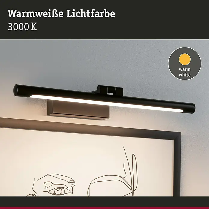 Paulmann LED-Bilderleuchte Mingo - 11 W, L x B x H: 17,5 x 41,5 x 5 cm, Schwarz, Warmweiß - Nahaufnahme einer eleganten, schwarzen Bilderleuchte, die ein Kunstwerk mit warmweissem Licht akzentuiert. Perfekt für stimmungsvolle Beleuchtung.