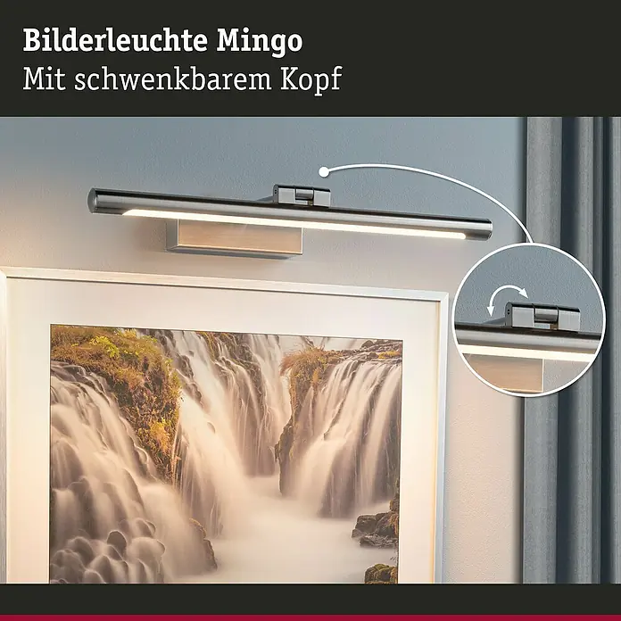 Paulmann LED-Bilderleuchte Mingo - 11 W, L x B x H: 17,5 x 41,5 x 5 cm, Alu gebürstet, Warmweiß - Bilderleuchte Mingo in Chromoptik montiert über einem gerahmten Landschaftsbild. Die Lampe verfügt über einen schwenkbaren Kopf zur optimalen Ausrichtung.