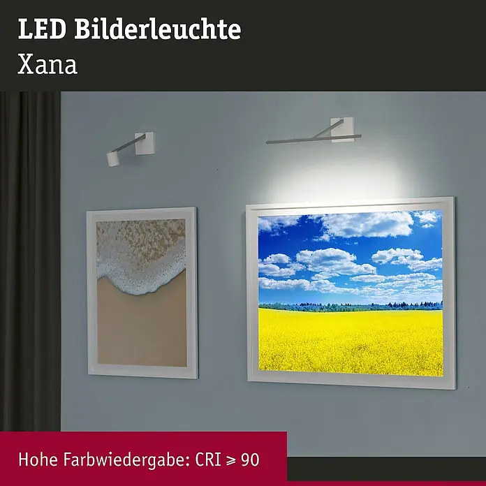Paulmann LED-Bilderleuchte Xana - 6 W, L x B x H: 27,4 x 35,3 x 8,5 cm, Alu gebürstet, Warmweiß - LED Bilderleuchte Xana, die Ihre Kunstwerke ins rechte Licht rückt. Mit hoher Farbwiedergabe (CRI > 90) für lebendige Farben.