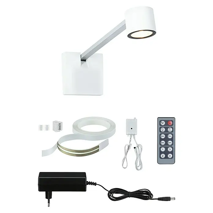 Paulmann LED-Bilderleuchte Set Adelia - 9 W, L x B x H: 28,5 x 8,5 x 8,5 cm, Alu gebürstet, Warmweiß - LED-Lampe und Zubehör: Eine moderne LED-Lampe mit Zubehör für die Installation, inklusive Fernbedienung und LED-Streifen für eine flexible Beleuchtungslösung.