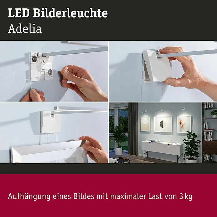 Paulmann LED-Bilderleuchte Set Adelia - 9 W, L x B x H: 28,5 x 8,5 x 8,5 cm, Alu gebürstet, Warmweiß - LED Bilderleuchte Adelia: Flexible und stilvolle Beleuchtungslösung für Bilder mit einfacher Montage. Maximal 3 kg Belastung.