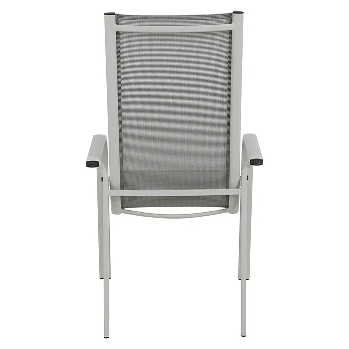 Sunfun Hannah Silla de jardín - 69 x 59 x 110 cm, Gris, Apilable - Silla de exterior plateada con reposabrazos y respaldo de malla gris, ideal para momentos de relax en el jardín.