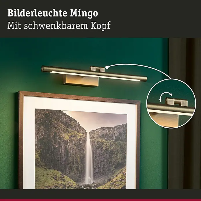 Paulmann LED-Bilderleuchte Mingo - 11 W, L x B x H: 17,5 x 41,5 x 5 cm, Altmessing, Warmweiß - Bilderleuchte Mingo mit schwenkbarem Kopf beleuchtet ein gerahmtes Bild einer Landschaft mit Wasserfall. Das Licht ist elegant und modern.