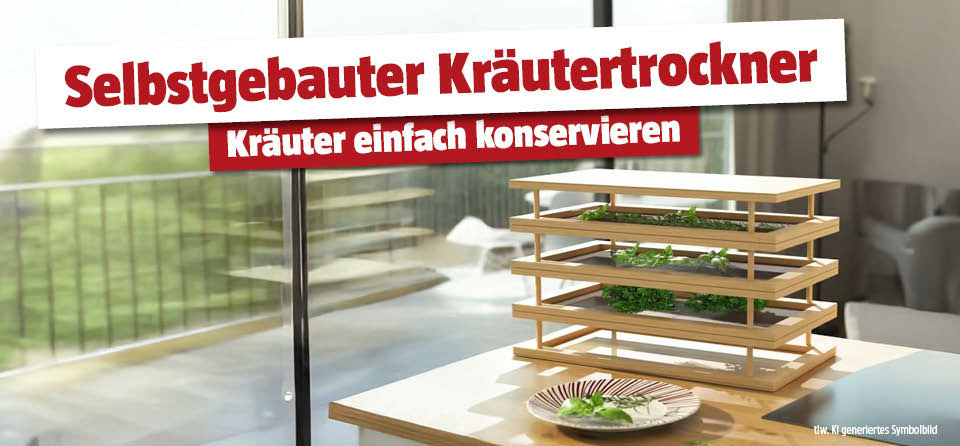 Kräutertrockner aus Holz steht am Tisch mit verschiedenen Kräutern, Titel Selbstgebauter Kräutertrockner