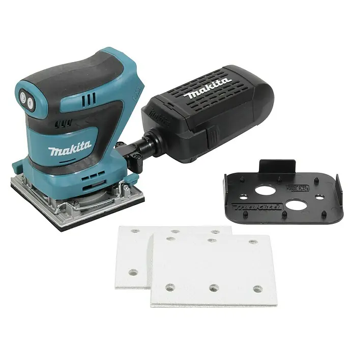 Makita LXT 18V Akku-Schwingschleifer DBO484Z - 18 V, Ohne Akku - Abgebildet ist ein Makita Akku-Flächenschleifer mit Zubehör, darunter Staubabsaugung und Schleifpapier.