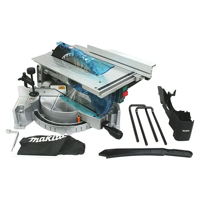 Makita Kapp- & Gehrungssäge LH1201FL - 1.650 W, Durchmesser Sägeblatt: 305 mm, Leerlaufdrehzahl: 0 U/min - 3.800 U/min - Abbildung einer Makita Tischkreissäge mit Zubehör, ideal für präzise Holzarbeiten in Werkstatt oder Baustelle.