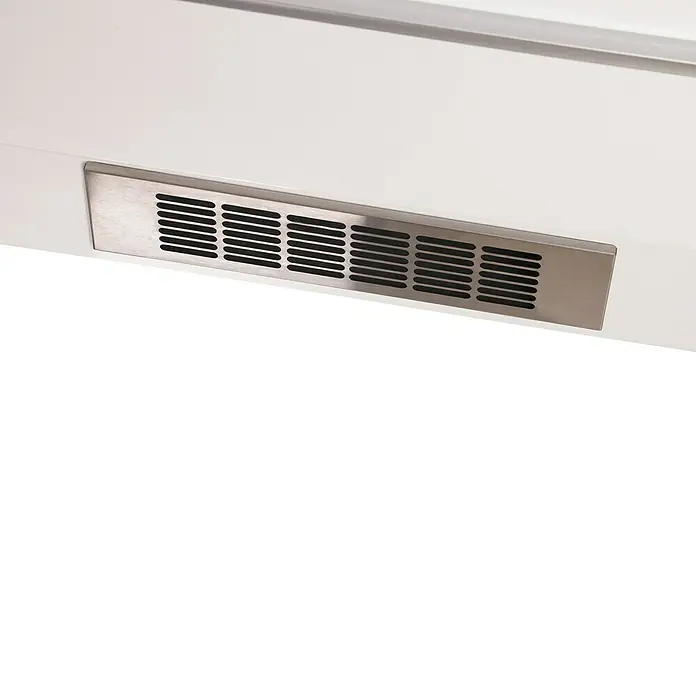 Respekta Abluftschacht - L x B x H: 60 x 22,5 x 85 cm, Weiß/Silber - Detailaufnahme eines modernen, weißen Produkts mit einem rechteckigen, silberfarbenen Lüftungsgitter zur Belüftung oder Kühlung.