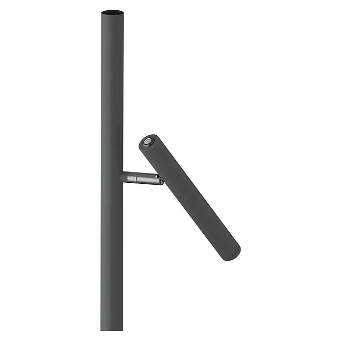 Akku-Stehleuchte Streak - Schwarz, Warmweiß, 1,7 W, IP20 - Eine Nahaufnahme einer schwarzen Halterung mit einem zylindrischen Bauteil, das an einem Rohr befestigt ist. Ideal für technische oder Produktpräsentationen.