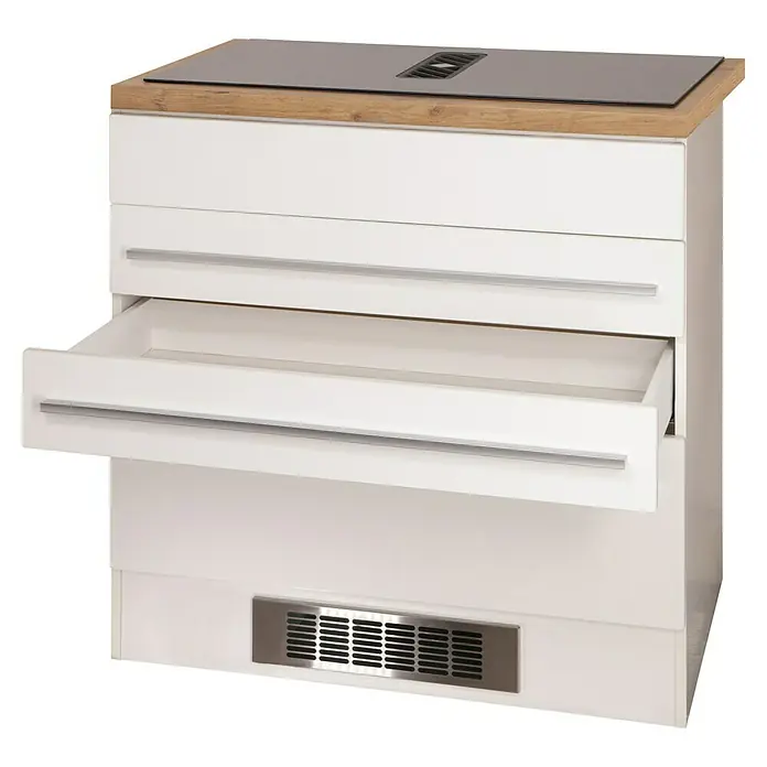 Respekta Abluftschacht - L x B x H: 60 x 22,5 x 85 cm, Weiß/Silber - Dieser moderne Küchenschrank in Weiß mit Holzplatte bietet Schubladen und Stauraum, ideal für jede Küche.