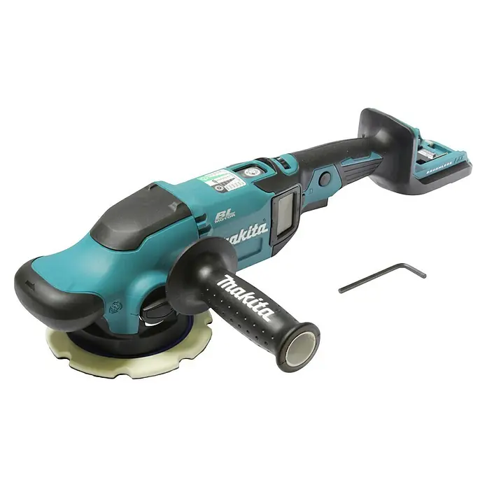 Makita LXT 18V Akku-Exzenterpolierer DPO600Z - 18 V, Ohne Akku, Durchmesser Polierteller: 150 mm - Akkubetriebene Poliermaschine von Makita in Türkis und Schwarz. Sie ist mit einem Griff und einem Polierpad ausgestattet.