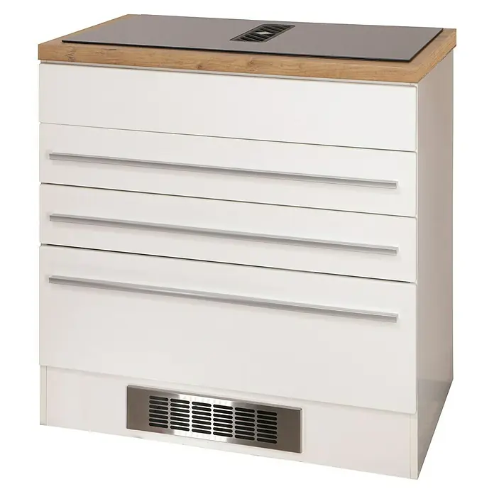 Respekta Abluftschacht - L x B x H: 60 x 22,5 x 85 cm, Weiß/Silber - Ein Küchenschrank mit Schubladen und einer Kochfeldabzugshaube, der Stauraum und Funktionalität in der Küche bietet.
